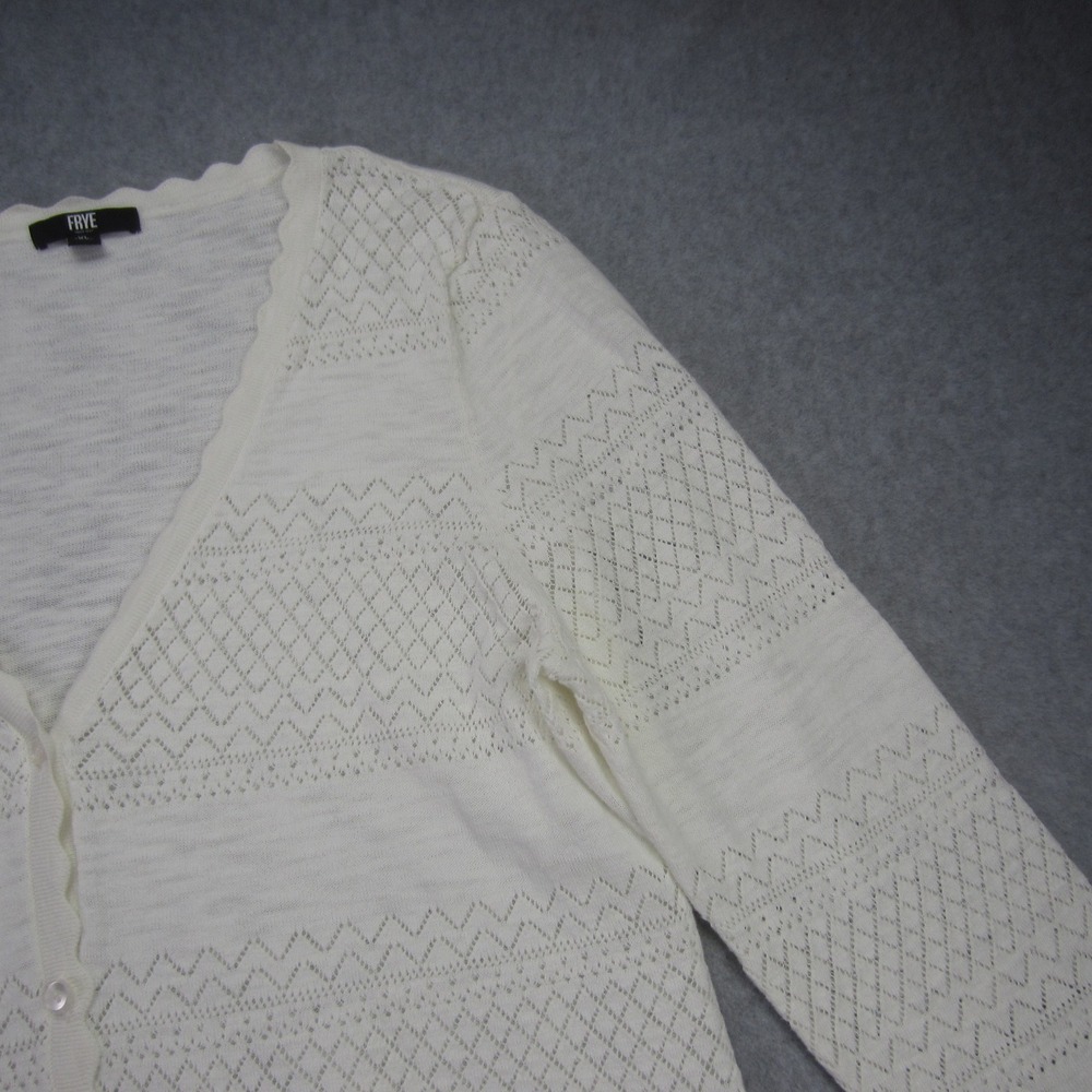 FRYE Sweater Womens‎ XL White Pointelle Scalloped V Neck Button Front Cardigan - Picture 4 of 16